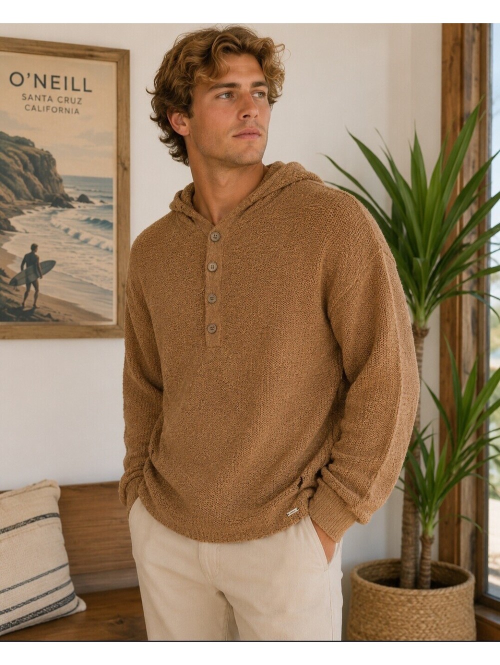 O'Neill Hooded Knit Sweater Medium Brown 100% Cotton Henley Pullover Oversized